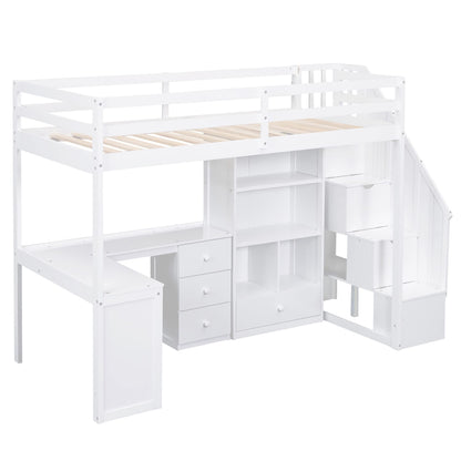 Modern Multi-Functional Twin Size Loft Bed with L-Shaped Desk, Drawers, and Storage Staircase in White - WoodArtSupply