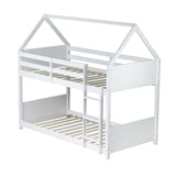 Twin Over Twin Bunk Bed, Wooden House Bunk Bed with Ladder and Guardrail for Bedroom, Dormitory, Floor Bunk Beds with Headboard and Footboard for Kids, Teens, No Box Spring Needed, White Bellemave
