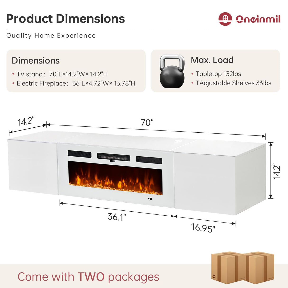 oneinmil 70" Floating Fireplace TV Stand with 36" Electric Fireplace, Wall Mounted Floating Entertainment Center with Storage, TV Console with Fireplace, Floating TV Cabinet, All White oneinmil