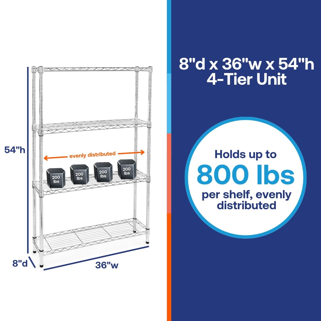 Shelving Inc. 8" d x 36" w x 54" h Chrome Wire Shelving with 4 Tier Shelves, Weight Capacity 800lbs Per Shelf SI