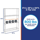 Shelving Inc. 8" d x 36" w x 54" h Chrome Wire Shelving with 4 Tier Shelves, Weight Capacity 800lbs Per Shelf SI