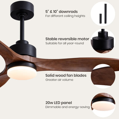 CROSSIO 52" Wood Ceiling Fan with Lights and Remote 3 Blades Modern Ceiling Fan 52inch Dark Brown Wood Fan Large Ceiling Fan with Lights Wooden Ceiling Fan for Bedroom Living Room Farmhouse Patio