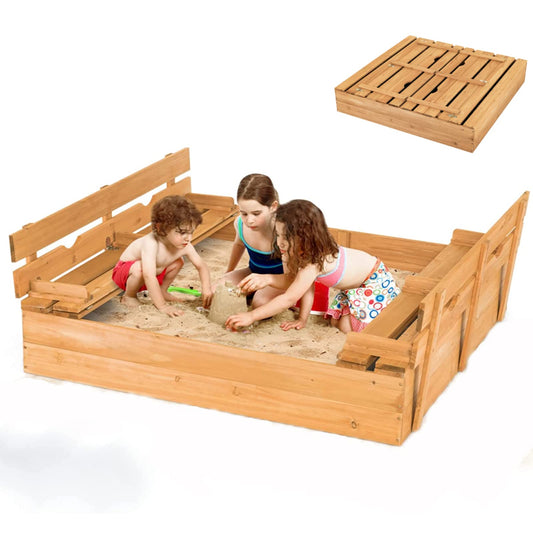 HONEY JOY Sandbox with Cover, 47x47 in Cedar Bottomless Sand Pit for Backyard Deck Patio Lawn, 2 Foldable Bench for Sand Protection, Square Wooden Sand Boxes for Kids Outdoor with Lid