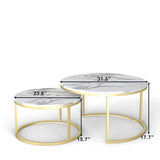 Xinyvee Nesting Coffee Table Set of 2, 31.5" Round Coffee Table Wooden Marble Pattern Accent Furniture, Industrial End Table for Living Room Bedroom Balcony (White/Gold) Xinyvee