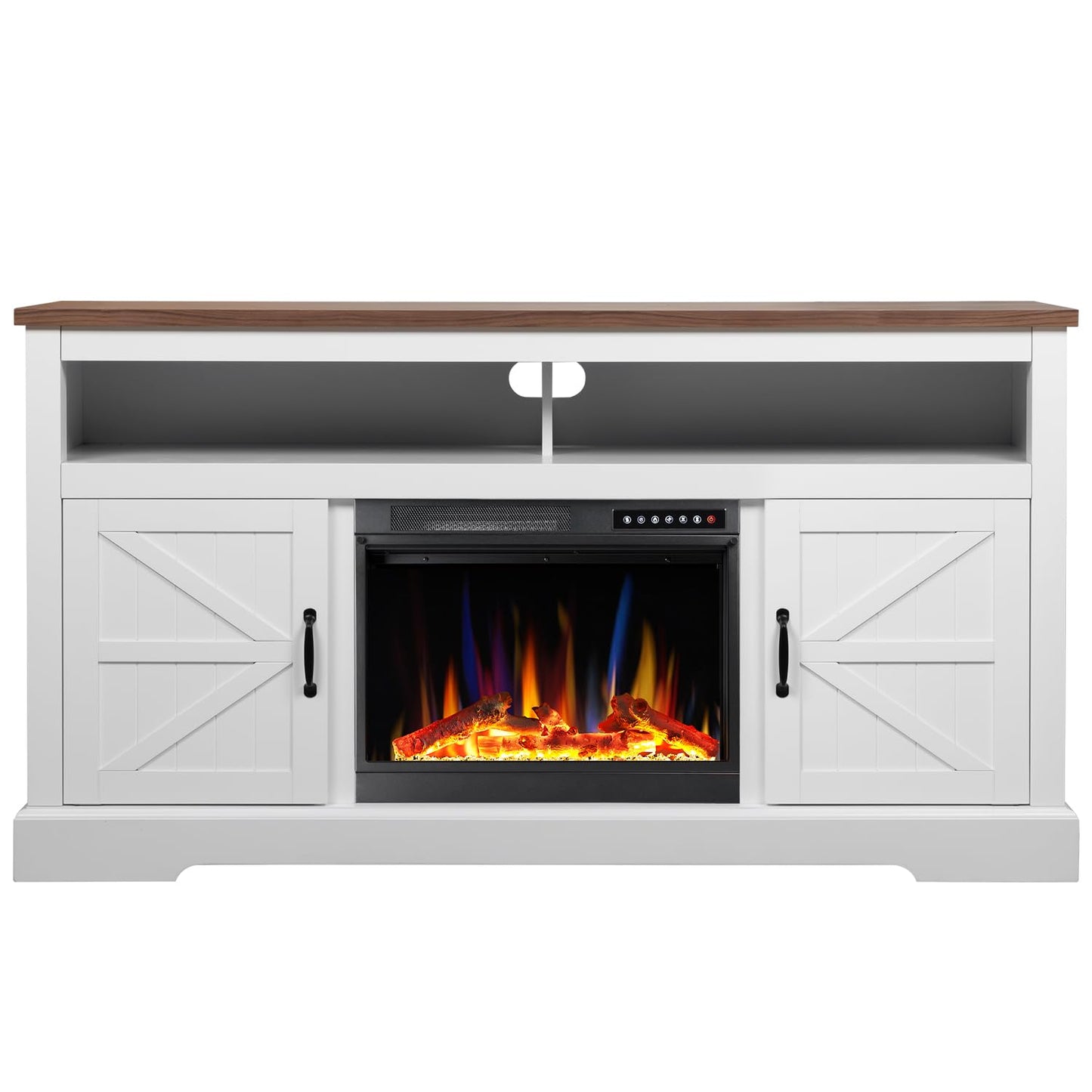 R.W.FLAME Electric Fireplace TV Stand for TVs up to 65 Inch, 4 Flame & 12 Log Colors, Farmhouse Media Console with Storage Shelves and Cabinets, Farmhouse Entertainment Center for Living Room, White