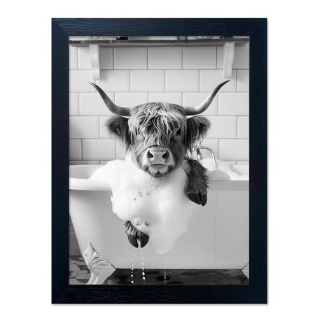 Highland Cow Bathroom Decor, Funny Bathroom Wall Art, Highland Cow in Bathtub Farmhouse Canvas Print, Black and White Cow Pictures Wall Decor, Framed Animal Pint Artworks for Wall Senlifa Art