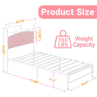 Weehom Twin Upholstered Bed Frame with Headboard, Velvet Bed Frame Metal Platform No Box Spring Needed Easy Assembly Twin Bed for Kids Adults White