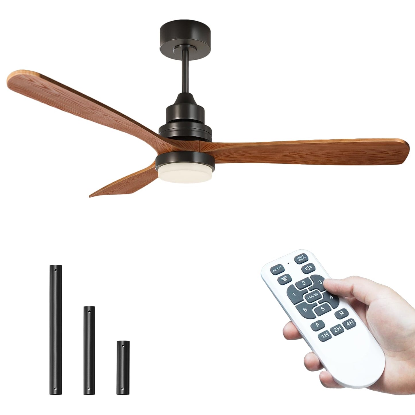 HEIBUETY Ceiling Fans with Lights and Remote, 52 Inch Outdoor Wood Ceiling Fan for Patios with Light, 3 Downrods, Quiet DC Motor, 3 Blade Modern Ceiling Fan for Outside Porch, Farmhouse, Bedroom