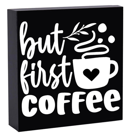 Coffee Bar Decor, But First Coffee Sign, Coffee Bar Sign, Wood Box Sign for Rustic Farmhouse Kitchen Tiered Tray Decor, Coffee Bar Accessories Coffee Station Decor HEYTUYA