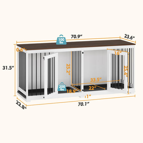 PIAOMTIEE 70.9" Large Double Dog Crate Furniture, Wooden Dog Crate Kennel Furniture with Divider & 2 Trays, Dog Crates Furniture for Large or 2 Medium Dogs Indoor, White PIAOMTIEE
