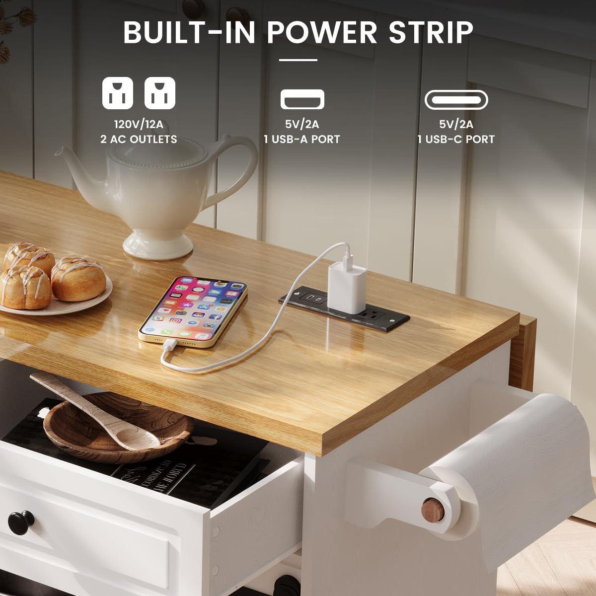 COCO DESIGN Rolling Kitchen Island Cart with Wheels, 54" Portable Trolley Island with Drop Leaf Countertop, Sliding Barn Door, Power Outlet, Spice Rack, Towel Rack and Drawers, Minimalist White COCO DESIGN