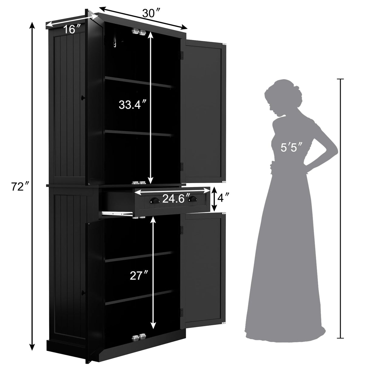 ARTPOWER Kitchen Pantry Storage Cabinet with Drawer and Adjustable Shelves, Pantry Cabinet for Kitchen, Bathroom or Hallway, Black ARTPOWER