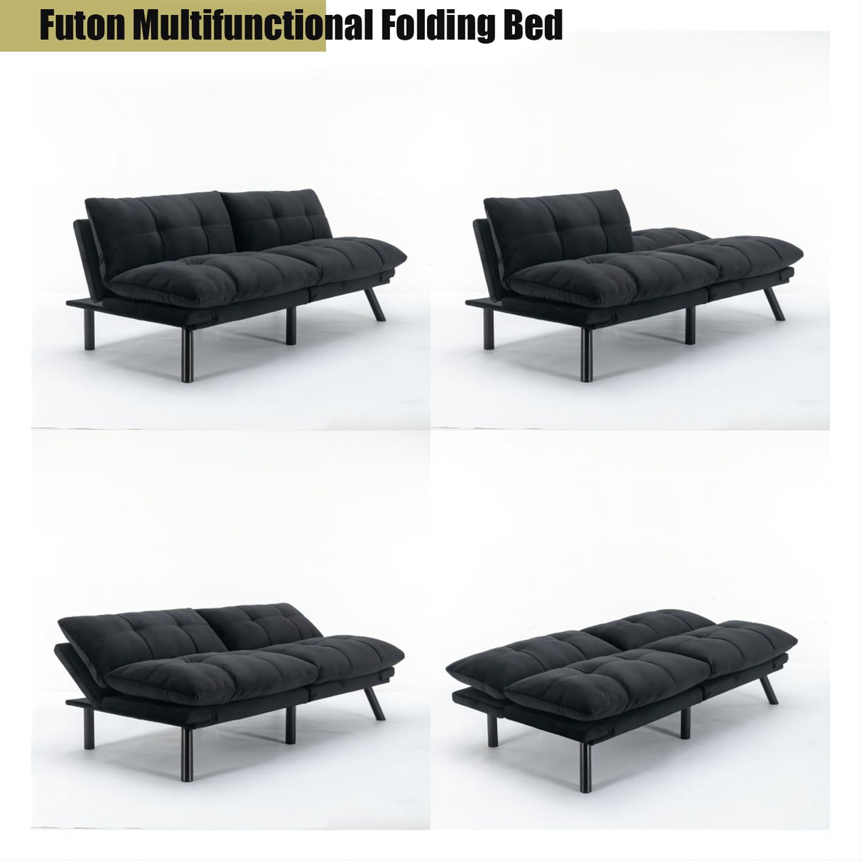 Modern Velvet Convertible Folding Futon Couch Sofa Bed Adjustable Pillow Top Arm Memory Foam Couch Double Loveseat Sofa for Compact Living Space,Dorm,Game Studio,Apartment,Bedroom (Black) Klwenas Maec