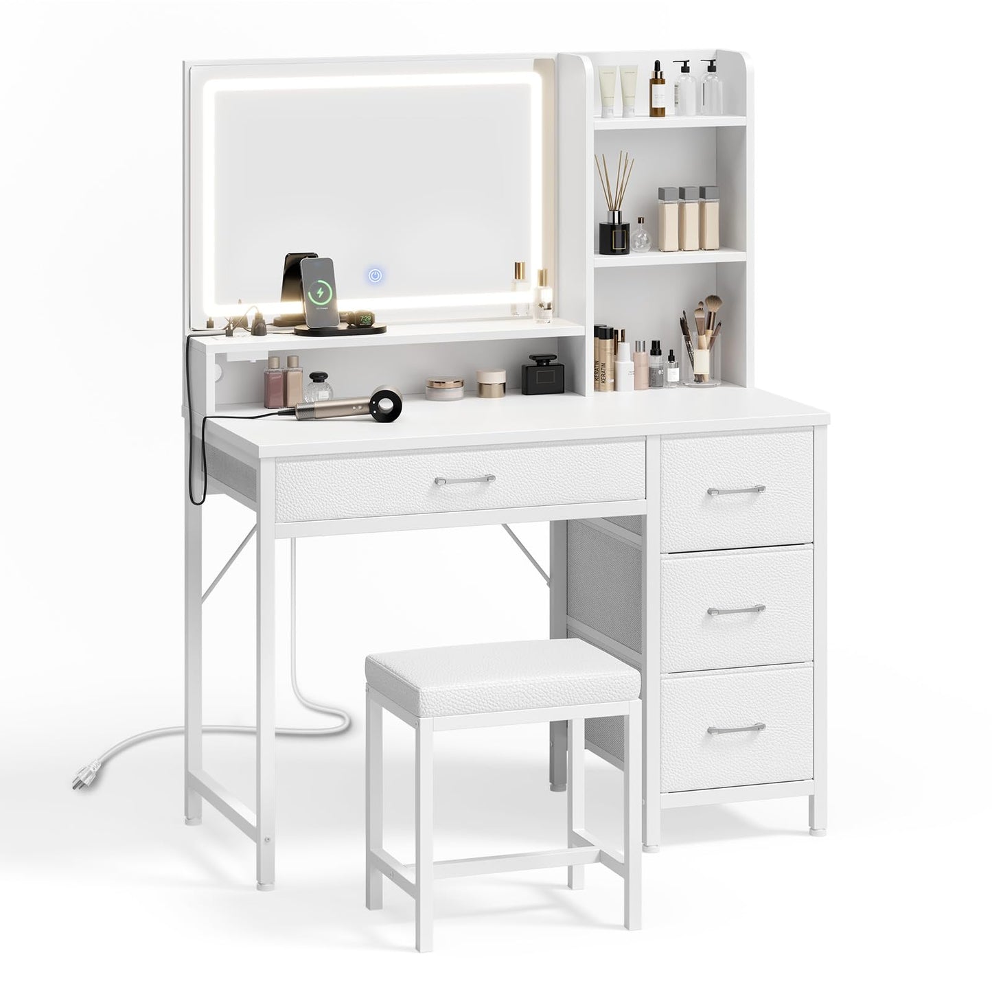 Rolanstar Vanity Desk with Mirror and Lights, Makeup Vanity with Upholstered Vanity Stool, 4 Drawers, Power Outlets, Vanity Set with 4 Compartments for Bedroom White