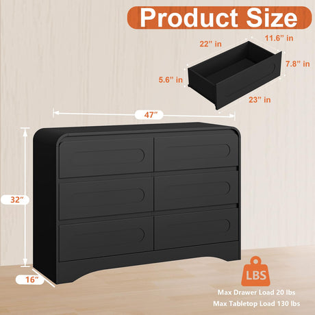 6 Drawer Dresser with Extendable Table, L-Shaped Desk Vanity Combo, 47" Wood Dresser & Chest of Drawers, Modern Closet Clothes Storage Dressers Organizer for Bedroom Living Room Hallway, Black SOLACE FURNITURE