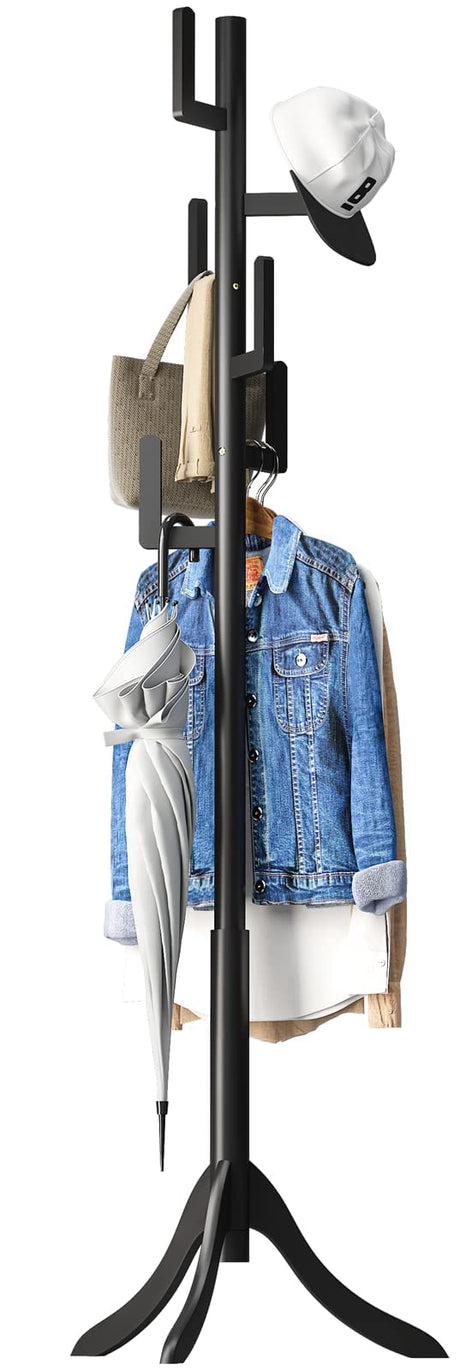 Vriccc Black Coat Rack Freestanding, Bamboo Cactus Coat Tree, Adjustable Height Wooden Coat Stand with 6 Hooks, kids coat rack, Used In The Bedroom Living Room, Office To Hang Clothes, Hats, Bags Vriccc