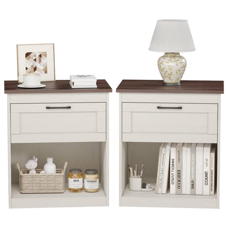 Vikiullf Farmhouse Nightstands Set of 2, Bedroom Night Stand with 1 Drawers, Wooden Bedside Tables 15.6" D x 18.7" W x 21.26" H, White and Brown Wood Grain Finish Vikiullf
