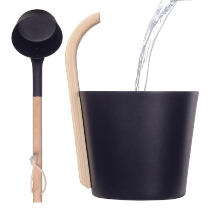 Black Sauna Bucket and Ladle Kit for Sauna & SPA Made of Premium Aluminum,7L Aluminum Bucket with Wooden Handle, Portable Steam Sauna for Home, for Houses SPA Centers Hotels Hostels