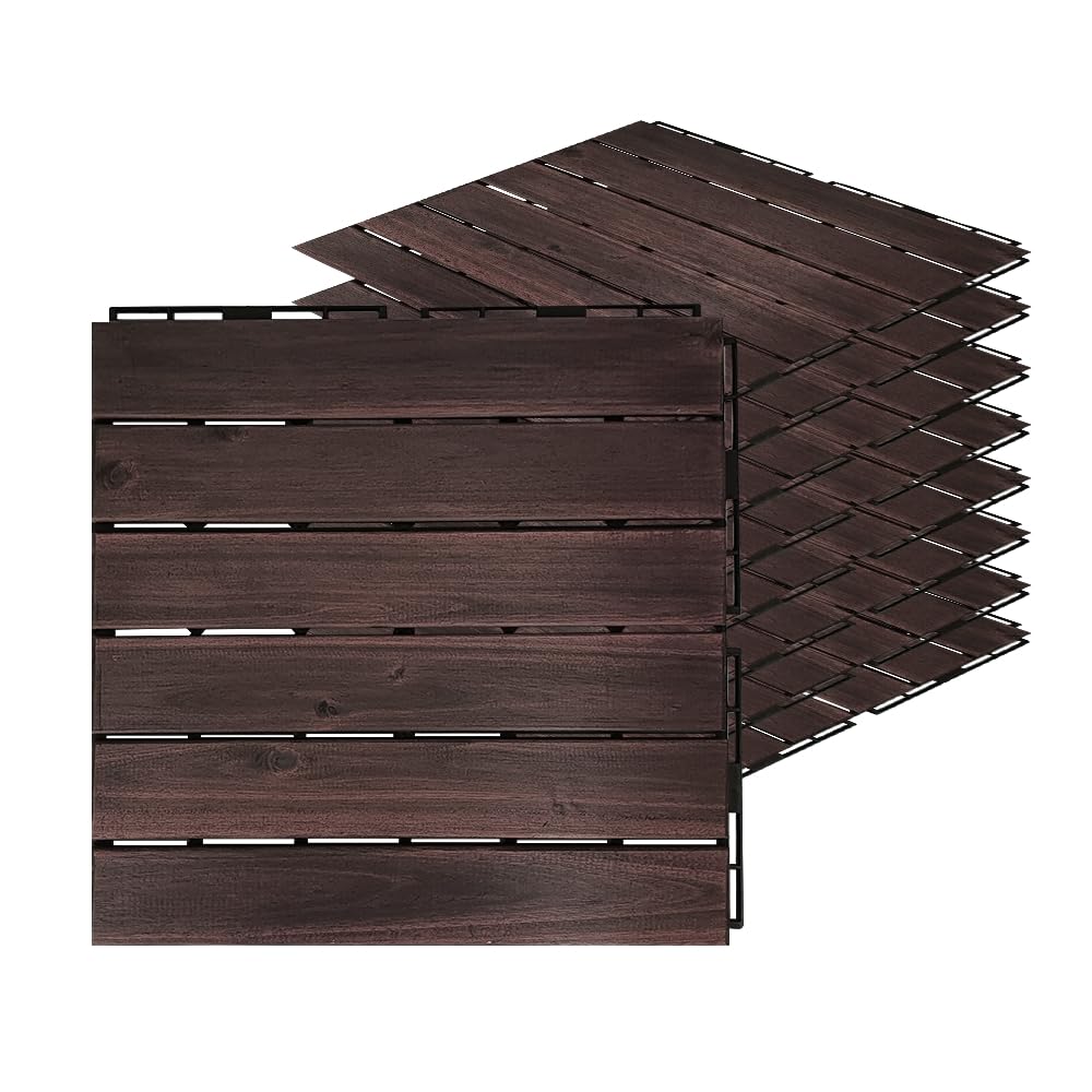 Acacia Hardwood Interlocking Deck Tiles - Walnut Straight - 12"×12" 9pcs - Floor Tiles for Patio and Deck Use Natural Wood Outdoor Decking and Flooring, Rain and Weather Resistant, Heavy Duty