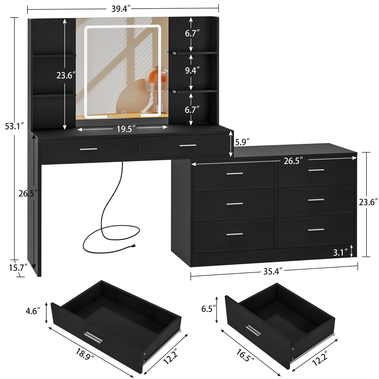 Quimoo 65.9" Vanity Desk with LED Lighted Mirror & Power Outlet, Modern Corner Makeup Vanity Table with 8 Drawers & Open Shelves, Dressing Table for Bedroom, Makeup Room Quimoo