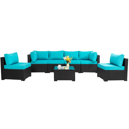 Shintenchi 7 Pieces Outdoor Patio Sectional Sofa Couch, Black PE Wicker Furniture Conversation Sets with Washable Cushions & Glass Coffee Table for Garden, Poolside, Backyard (Blue) - WoodArtSupply