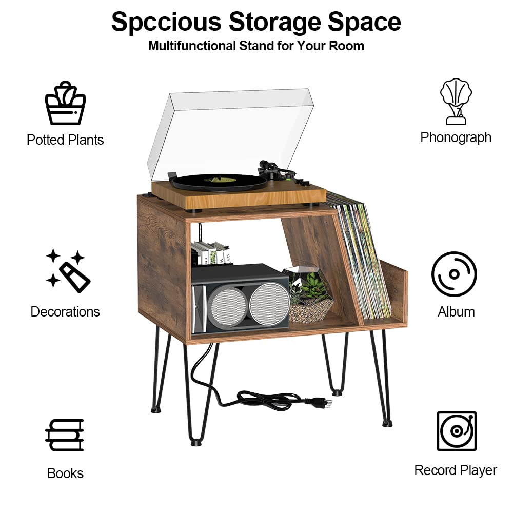 Tohomeor Vinyl Record Player Stand with LED Light Charging Station USB Port Turntable Stand LPs Album Storage Cabinet Wooden Sofa End Table Nightstand for Bedroom Living Room Office Tohomeor