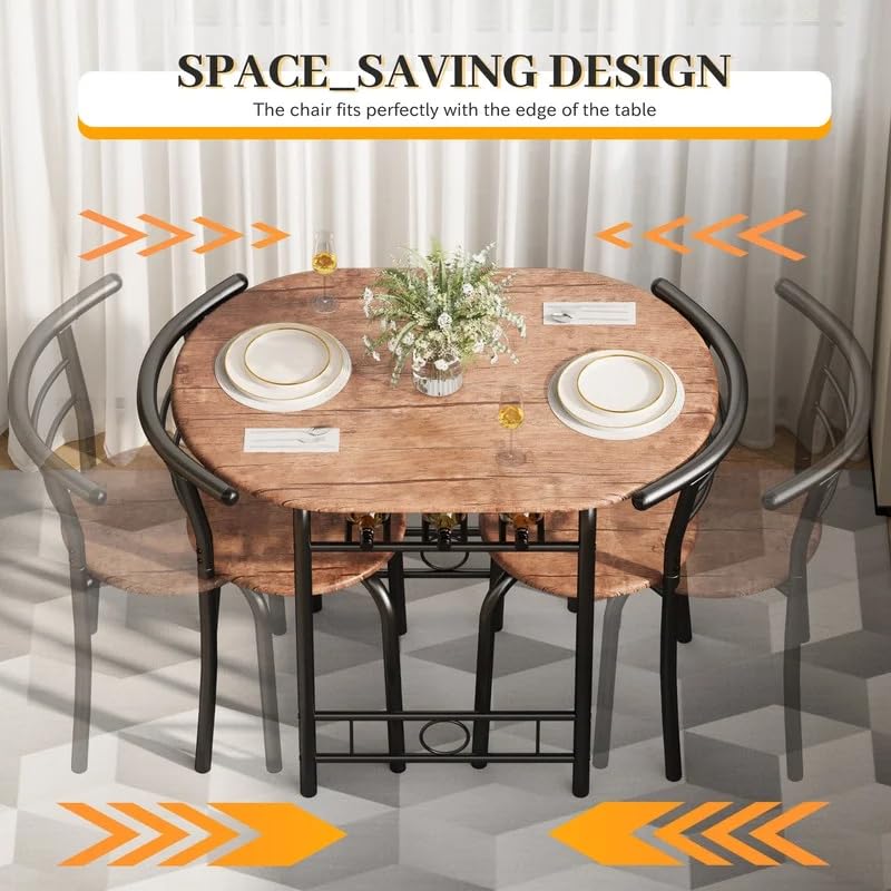 Shahoo 3-Piece Wooden Dining Table Set, Kitchen Breakfast Nook Sets with 2 Chairs & Round Tabletop, Space Saving Furniture Metal Frame and Built-in Wine Rack, Brown Shahoo