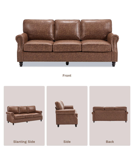WILLOVE 79'' Faux Leather Sofas for Living Room, Mid Century Modern Couches with Rolled Arm & Nailhead Trim for Small Space, Apartment, Dark Brown WILLOVE
