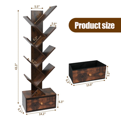 Yzosvki 8-Tier Rustic Brown Tree Bookshelf with Drawer for Stylish Storage - WoodArtSupply