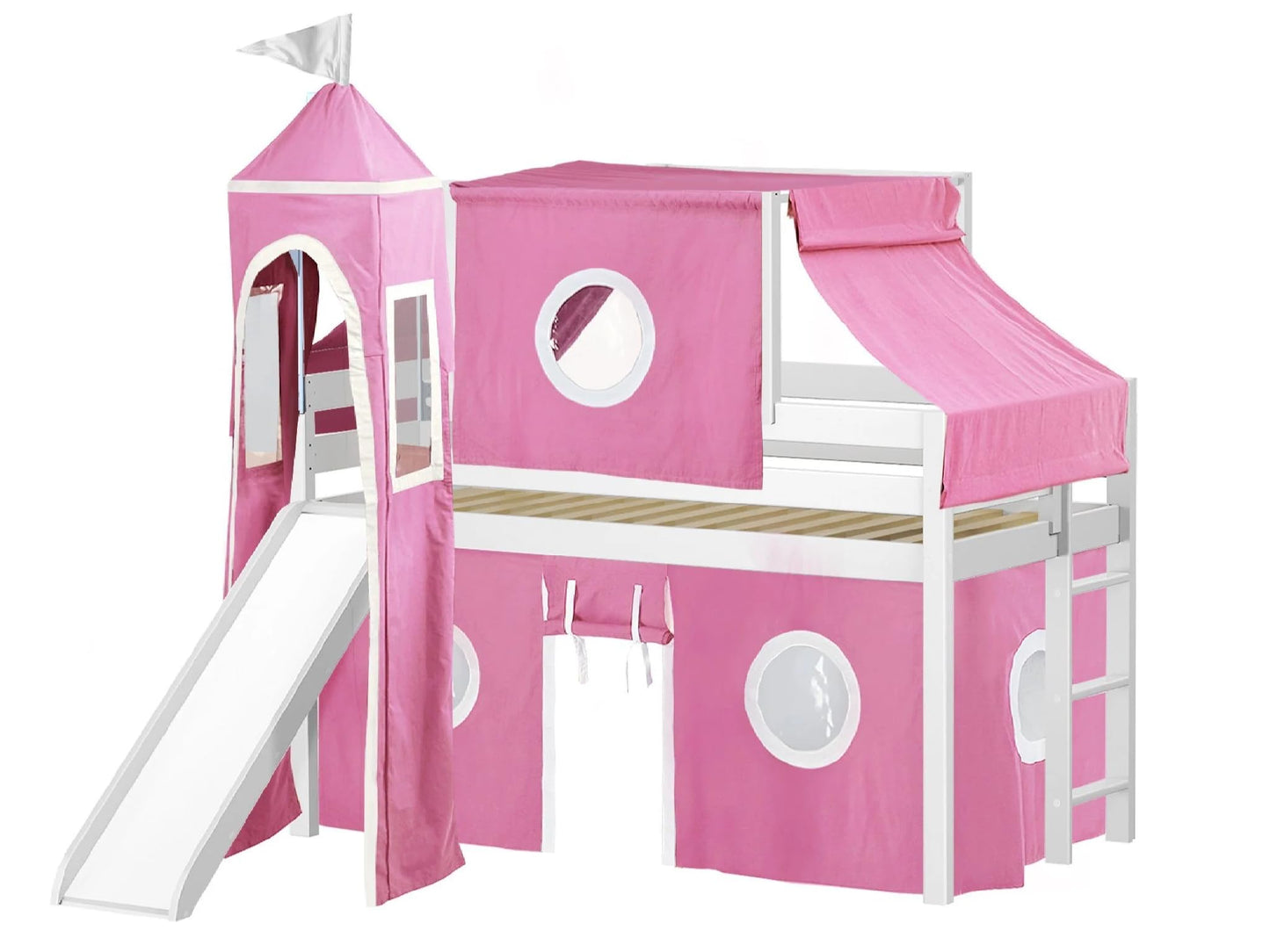 JACKPOT! Princess Low Loft Bed with Slide, Pink and White Tent and Tower, Twin, White