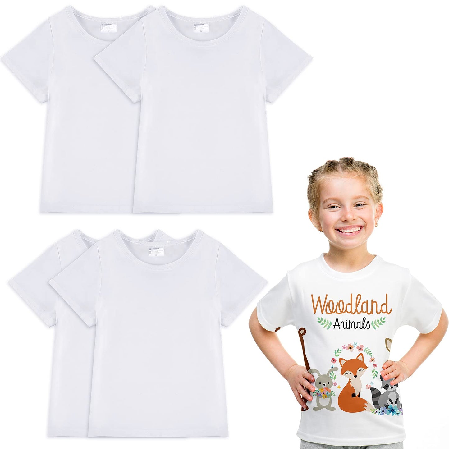 4 Pieces Sublimation Blank White T-Shirt Polyester Blank Crew Neck Short Sleeve T-Shirt for Children (Cute Style,Large)