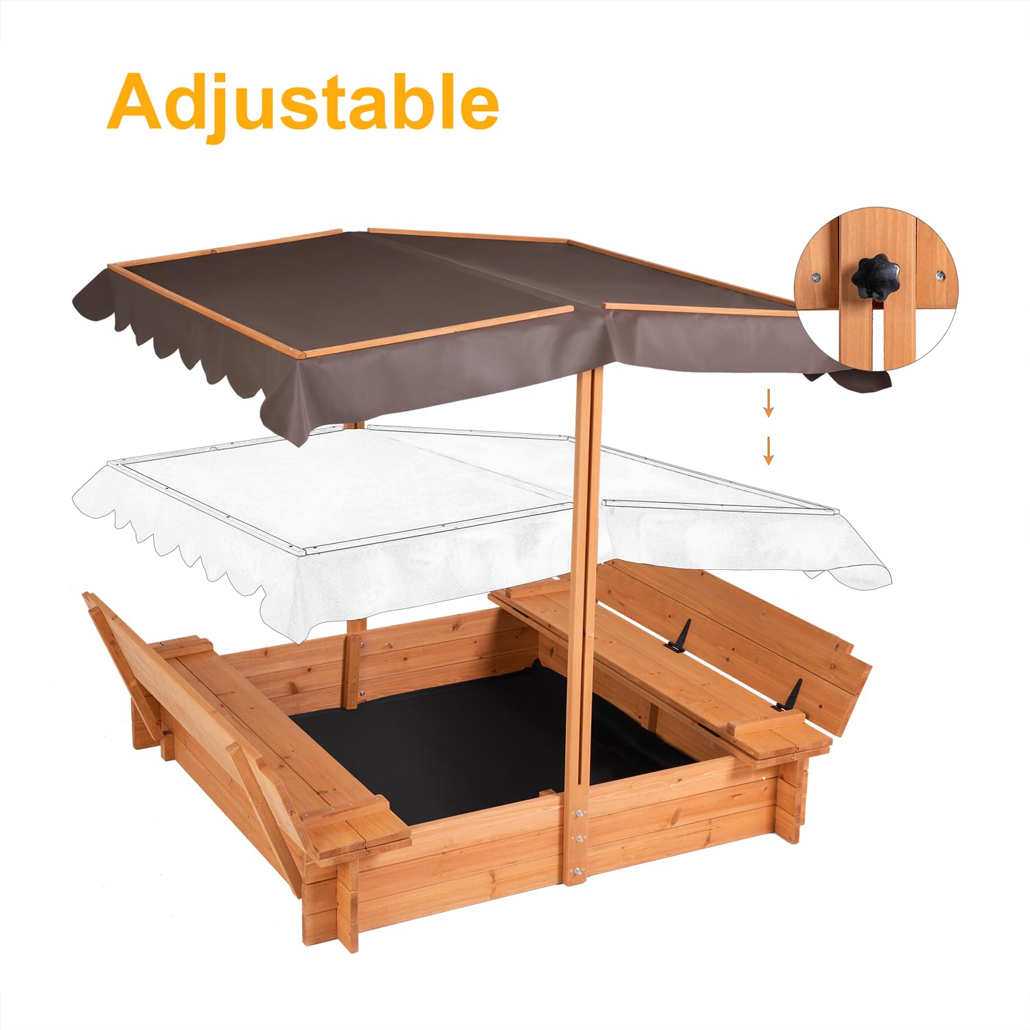 AIUEKES Kids Wooden Sandbox with Adjustable Canopy, Sand Box with Foldable Bench Seats for Aged 3-8 Years Old, Outdoor Sand Pit for Backyard Garden. - WoodArtSupply