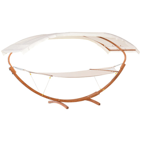 Outsunny Outdoor Hammock with Stand & Accessories, Heavy Duty Wooden Frame, Extra Large Sun Shade Canopy, Indoor Outside Boho Style Nap Bed, Natural Cotton, White Outsunny