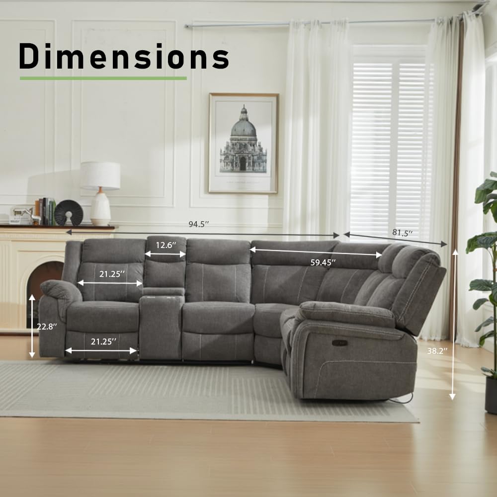 Secsofier Power Premium Fabric Reclining Sectional Sofa Set, Zero Gravity Recliner Couch with USB Port 1 Console Storage 2 Cup Holders (Power, 1 Console) Secsofier