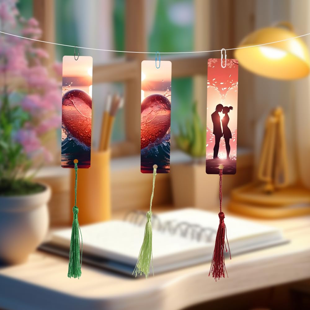 VYNYJOAN Sublimation Blank Bookmarks 15pcs Double-Side Heat Transfer Metal Bookmarks with Tassels DIY Projects (12cm x 3.2cm)