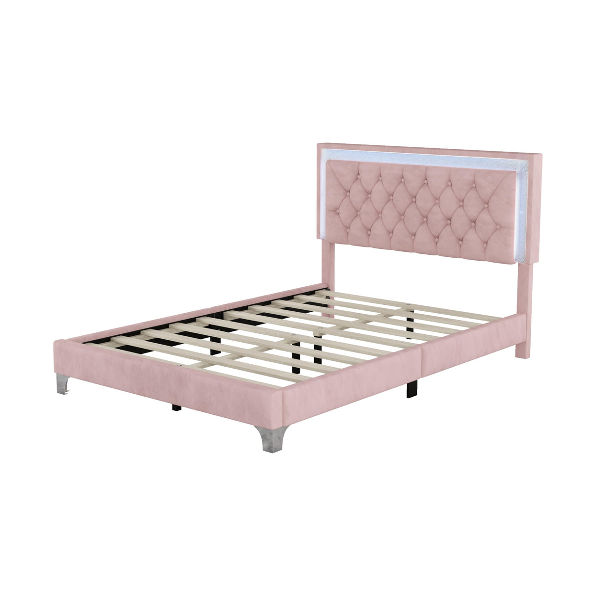 Merax Upholstered Platform Bed, Full Size LED Velvet Fabric Wooden Bed Frame with LED Lights & Tufted Headboard for Bedroom, Wood Slat Support, No Box Spring Needed, Easy Assembly (Pink) Merax
