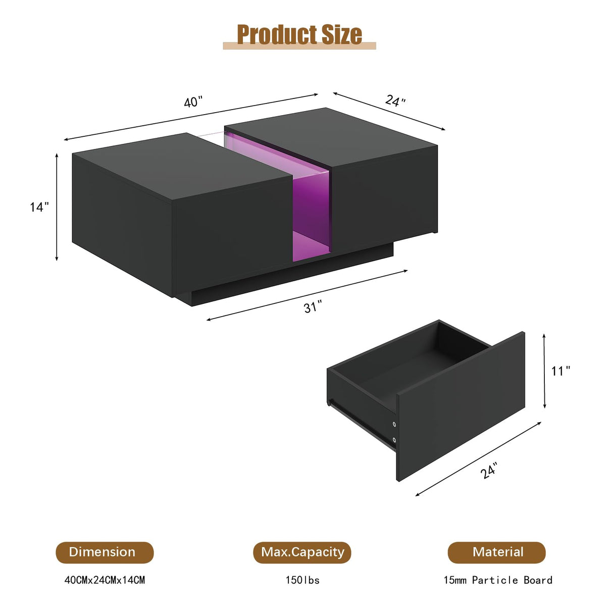 HedoAjim Black Led Coffee Table for Living Room, Rectangular Living Room Table with Storage, Acrylic Coffee Tables with 2 Sliding Drawers, Wood Center Table for Reception Dinning Room HedoAjim