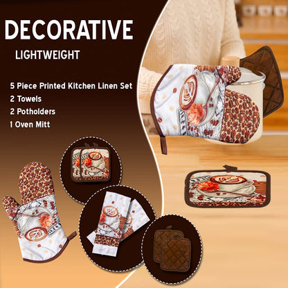 Lobyn Value Packs: 5-Piece Café Latte Kitchen Towel Set – Quilted Oven Mitt & 2 Potholders, Perfect for Coffee Lovers