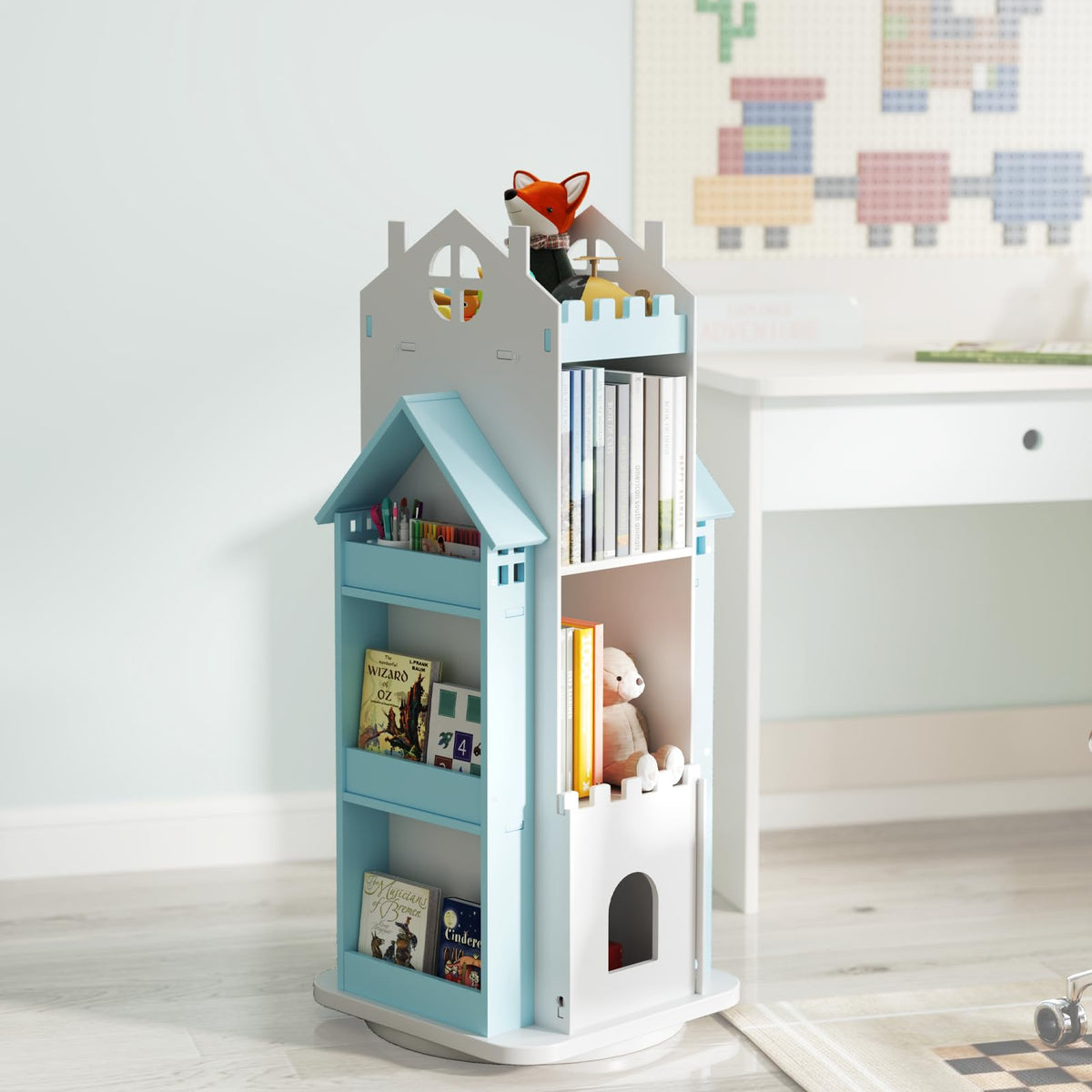 Suuiwau 360° Rotating Bookshelf Kids,Blue Revolving Bookcase 3-Tier Sp ...
