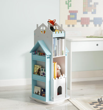 Suuiwau 360° Rotating Bookshelf Kids,Blue Revolving Bookcase 3-Tier Spinning Dollhouse Bookshelf Floor Standing Book Storage Organizer for Children's Room