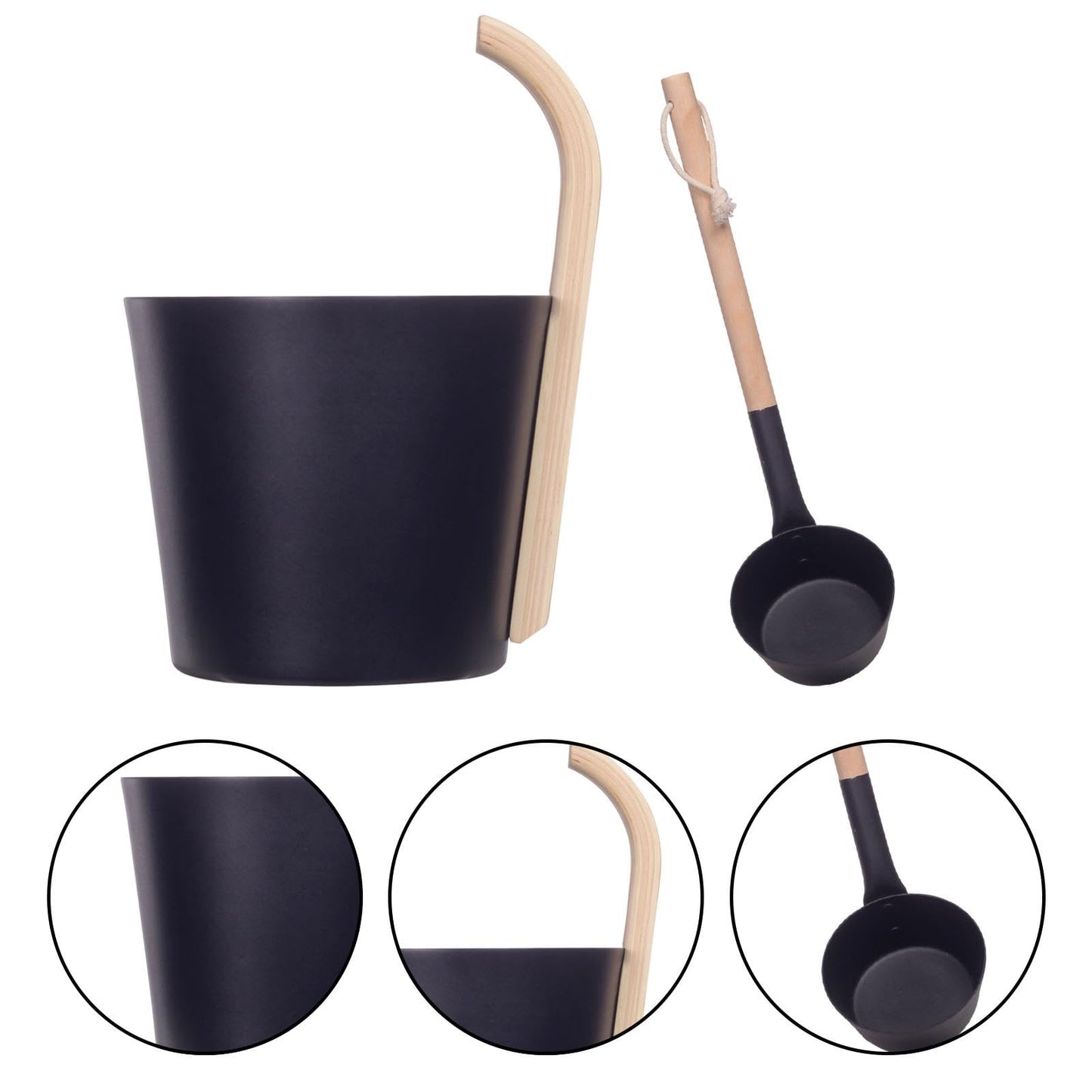 Black Sauna Bucket and Ladle Kit for Sauna & SPA Made of Premium Aluminum,7L Aluminum Bucket with Wooden Handle, Portable Steam Sauna for Home, for Houses SPA Centers Hotels Hostels