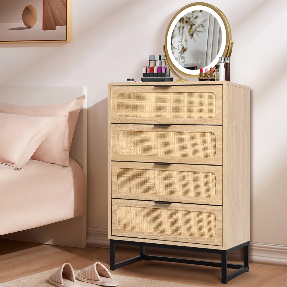 affeivul Mid Century Modern Dresser, 4 Drawer Rattan Dresser for Bedroom Wood, Boho Wooden Rattan Storage Cabinet Side Table with Solid Metal Legs, Tall Skinny Dresser for Closet (Natural) affeivul