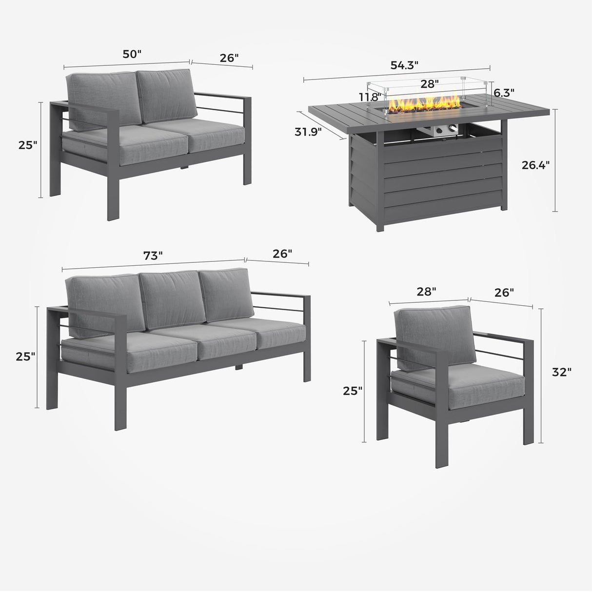 Solaste Aluminum Patio Furniture Set with Fire Pit Table, 7 Seats Metal Outdoor Furniture with Water-Resistant Cushions, Modern Patio Conversation Set for Balcony, Front Porch, and Backyard, Grey Solaste