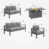 Solaste Aluminum Patio Furniture Set with Fire Pit Table, 7 Seats Metal Outdoor Furniture with Water-Resistant Cushions, Modern Patio Conversation Set for Balcony, Front Porch, and Backyard, Grey Solaste