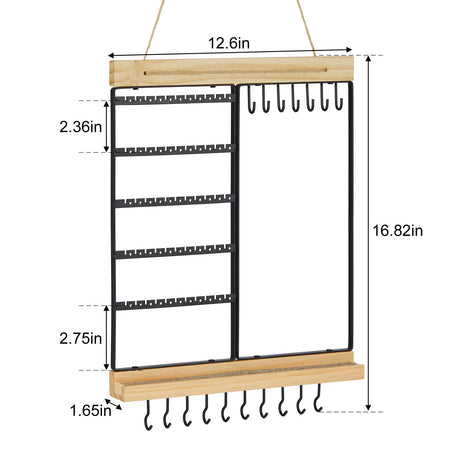Feyejade Hanging Jewelry Organizer, 5-Tier Wall Earring Holder with Wooden Ring Groove, Jewelry Rack Wall Mounted for Earrings, Necklaces, Bracelets and Rings, Jewelry Holder Stand,Black Feyejade