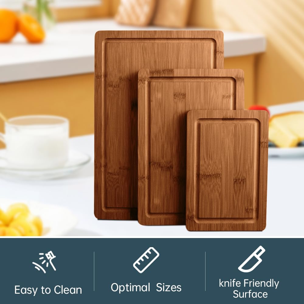 MelBell Bamboo Cutting Board Set Of 3 for Kitchen - Wooden Chopping Boards with Juice Groove - Wood Serving Board for Meat, Vegetables, Cheese