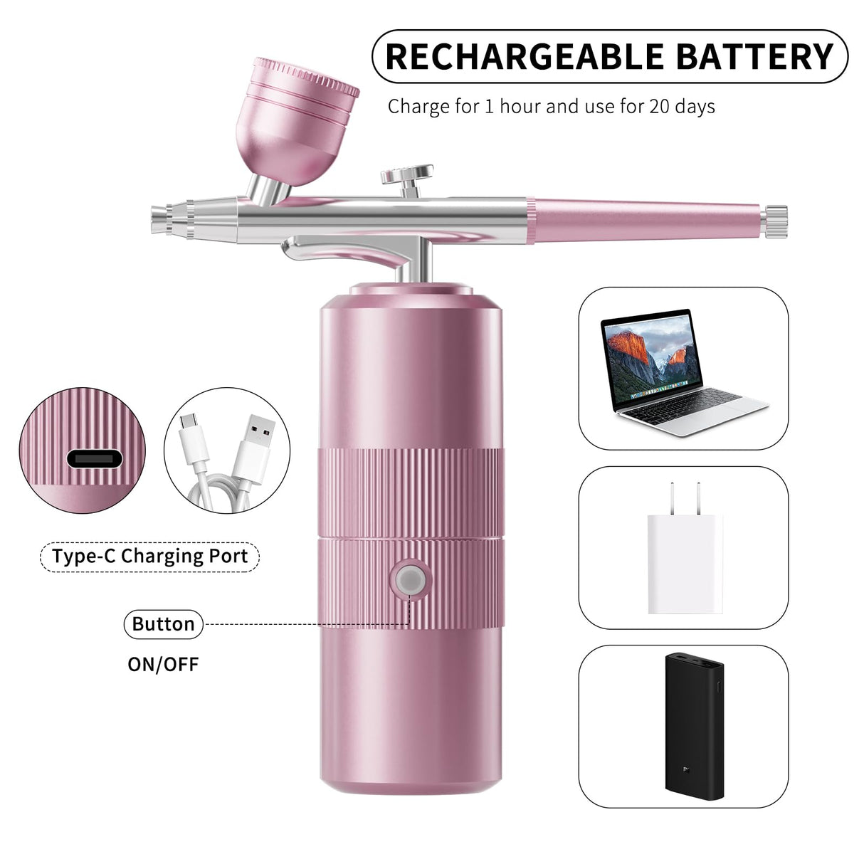 Airbrush Kit with Compressor Portable Airbrush Kit 48PSI High-Pressure Non-Clogging Air Brush Set Cordless Rechargeable with 0.3mm Nozzle and Cleaning Brush for Painting,Nail Art, Makeup (pink) CBVCBV