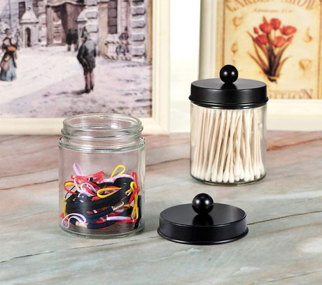 Amolliar 4 Pack Apothecary Jars Bathroom Vanity Storage Organizer Set -Countertop Canister with Stainless Steel Lids &Cute Stickers - Qtip Dispenser Holder for Qtips,Cotton Swabs,Makeup Sponges(Black) Amolliar