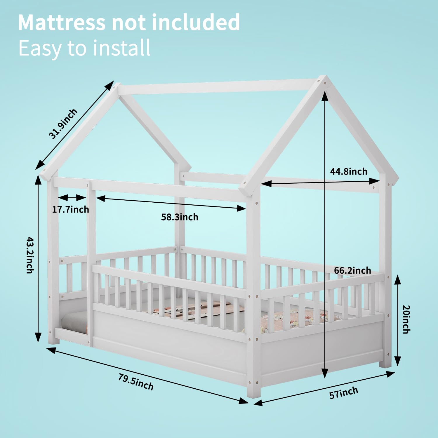 HUMZGHG Full Size Montessori House Bed with Roof & Guardrails for Kids - Sturdy White Wooden Frame - WoodArtSupply