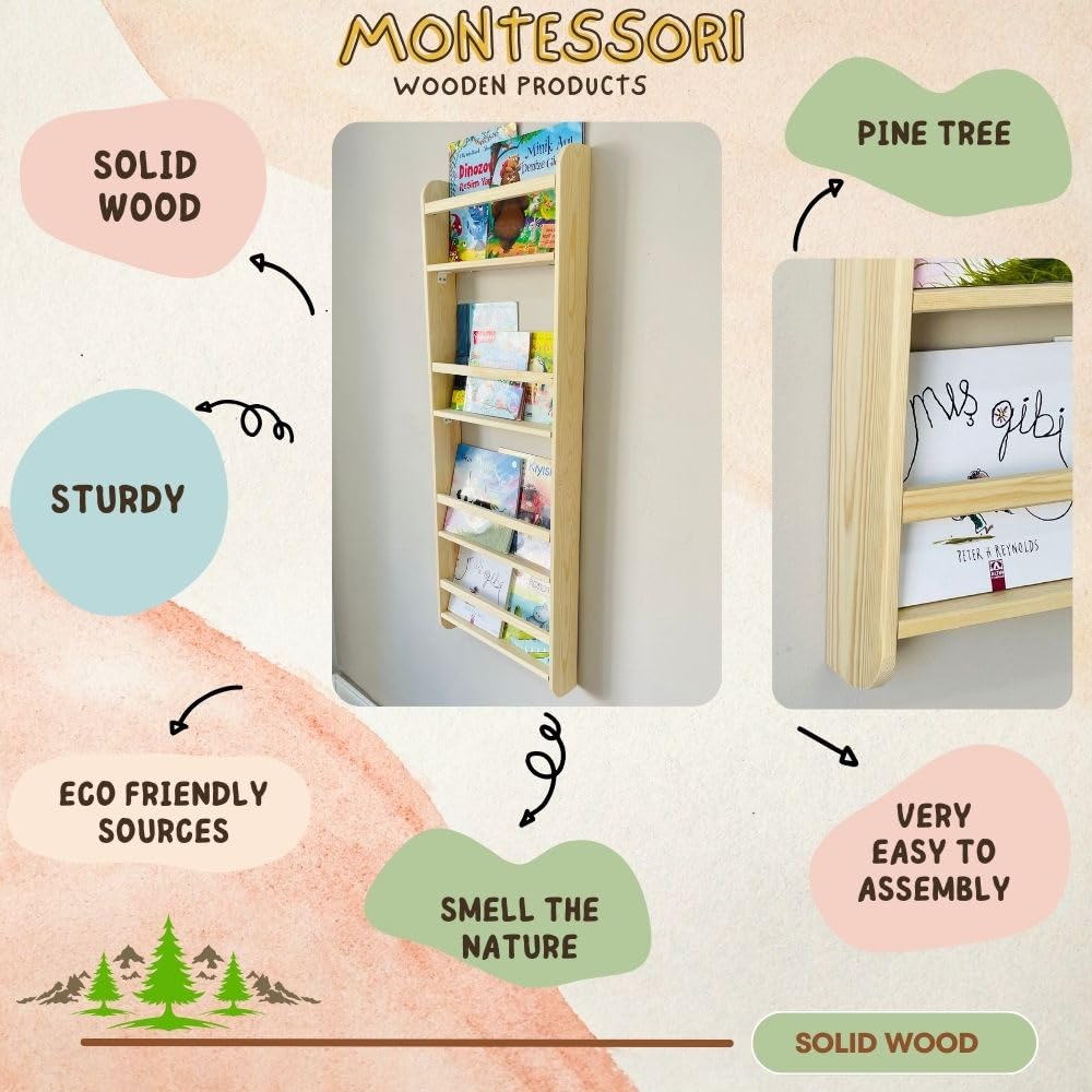 Handmade Solidwood Wall Mounted Montessori Kids Bookshelf, 4 Tier Book Display for Children Bedroom, Nursery Furniture Bookcase, Solid Wood Pine Tree Book Organiser for Living Room (White)